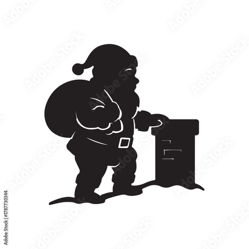 Classic festive silhouette depicting a benevolent gift-giver with a sack, poised to descend a chimney, embodying the heartwarming spirit of holiday season giving