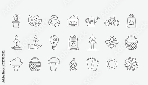 Ecology and Green Energy Line Icons Set – Nature, Environment, Recycling, and Sustainable Power Outline Vector Pack