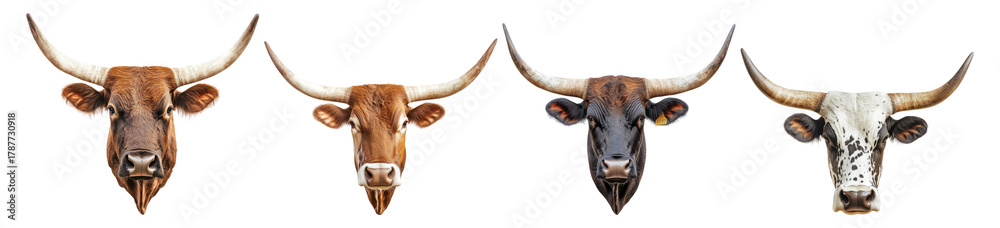 Naklejka premium Diverse Cattle Headshots Displaying Unique Horn Shapes and Colors