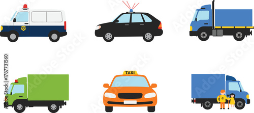 PrintIllustrated police cars, cargo trucks, emergency vehicles, taxi cab, delivery truck with workers, transportation service icons in colorful flat design vector set