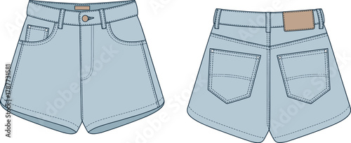 Flat Technical Fashion Illustration of Blue Denim Shorts Front and Back View for Apparel Template, Clothing Design or Vector Mockup