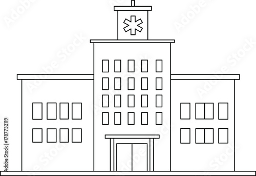 PrintModern hospital building outline, healthcare facility exterior, medical center architecture illustration, emergency services design, urban health infrastructure vector drawing, clinic structure