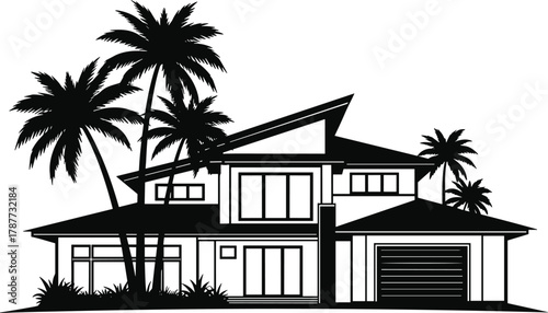 PrintModern tropical house front view, luxury beach villa exterior, palm trees design, contemporary architecture illustration, minimalist real estate vector art