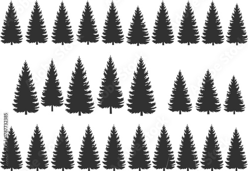 PrintPine tree forest silhouette collection, black evergreen conifer trees vector set, natural woodland design elements for winter, Christmas, and landscape backgrounds