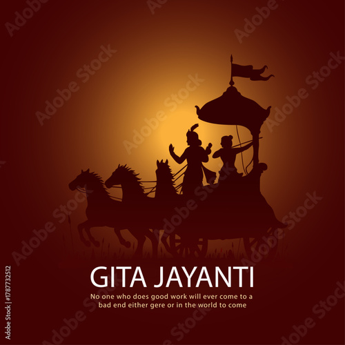 Gita Jayanti Silhouette of Krishna and Arjuna on Chariot with Sunset Background