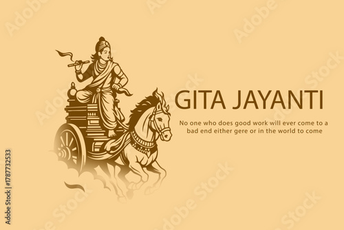 Gita Jayanti Illustration of Lord Krishna and Arjuna on Chariot with Inspirational Quote