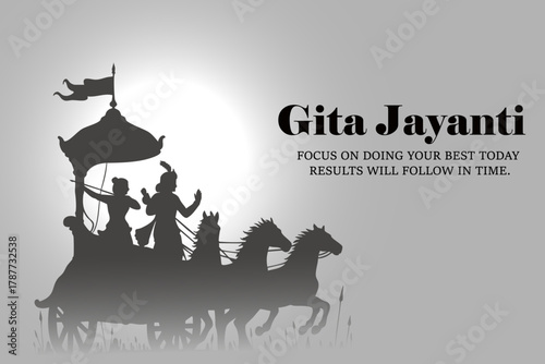 Gita Jayanti Illustration of Krishna and Arjuna on Chariot in Silhouette Style