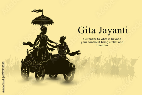 Gita Jayanti Illustration of Krishna and Arjuna on Chariot in Silhouette Style