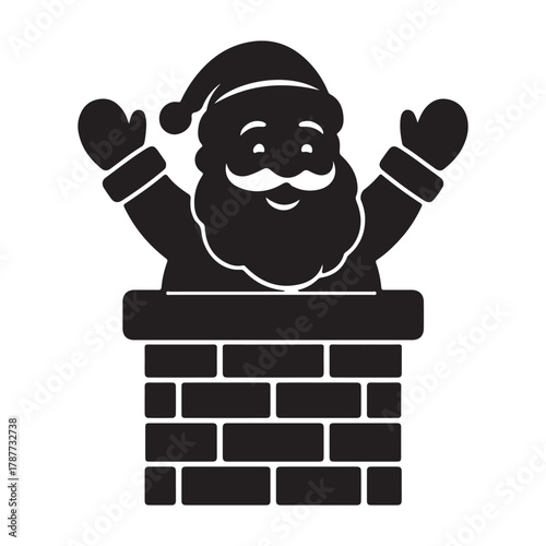 Festive Santa Claus merrily in a chimney, raising hands in the air with joy