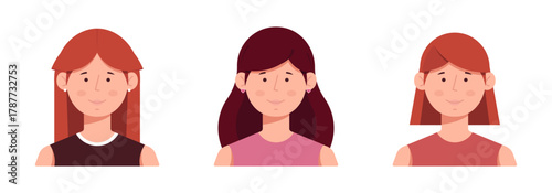 A set of cartoon women. 3 appearance options. Vector illustration. Avatar collection. Different design characters. Flat design. Isolated on a white background.