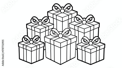 A black and white line drawing of six gift boxes arranged in a clustered formation