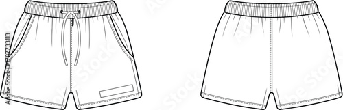 Flat sketch of two front view shorts with drawstring waistband, patch detail, clean design comparison, vector fashion illustration for stock