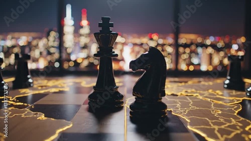Chess pieces strategically positioned on a world map, symbolizing global strategy and international business