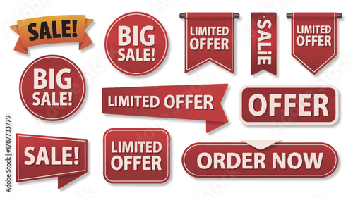 A collection of red and white sale and promotional banners arranged on a white background.