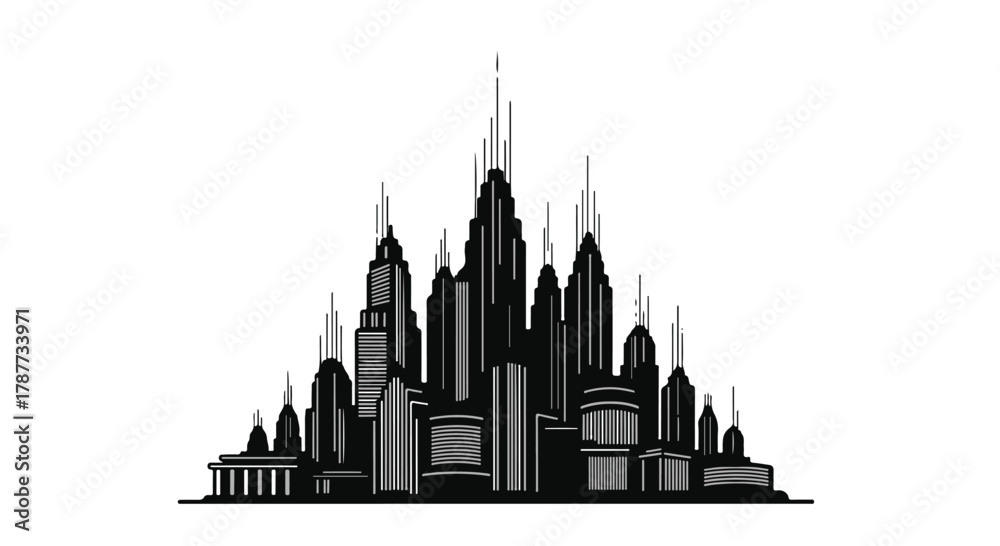 Fototapeta premium Dramatic silhouette of a modern cityscape with towering skyscrapers against a stark background.