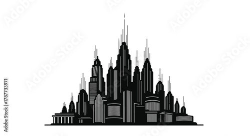 Dramatic silhouette of a modern cityscape with towering skyscrapers against a stark background.