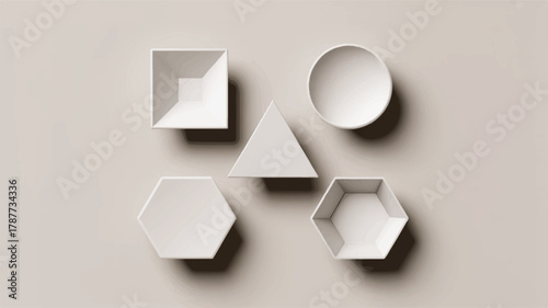 Minimalist arrangement of geometric shapes in white, showcasing a square, circle, triangle, and two hexagons on a neutral background, creating a modern aesthetic