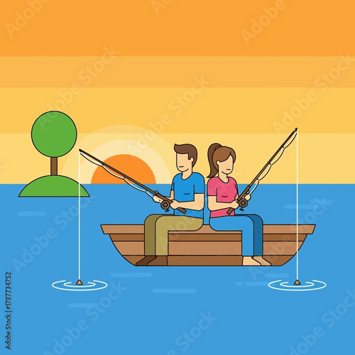 Couple fishing from a boat on water with a tree and sunset.
