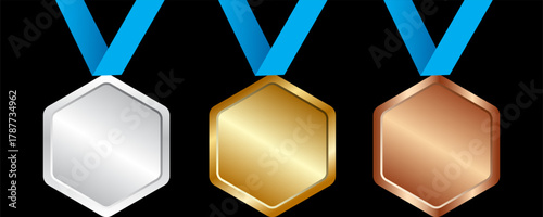 Gold, silver and bronze metal circle frames 3d vector realistic illustration. First, second and third place medals or buttons isolated on white background. Certified. Quality blank, empty badge set.