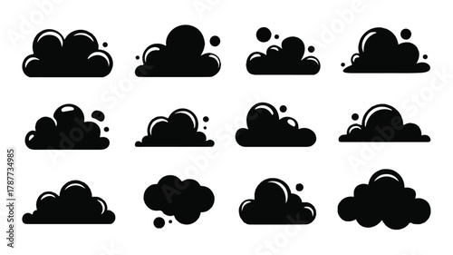 A collection of twelve stylized black cloud illustrations, each with a unique shape and rounded, cartoonish design