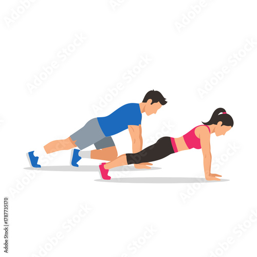 Two people in plank position lifting legs fitness exercise workout together.