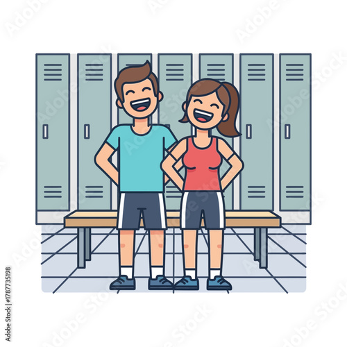 Two people smiling standing in front of lockers in a locker room.