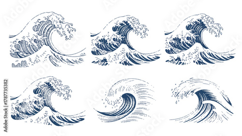 A mesmerizing collection of six meticulously crafted wave illustrations, showcasing the raw power and serene beauty of the oceans dynamic movements