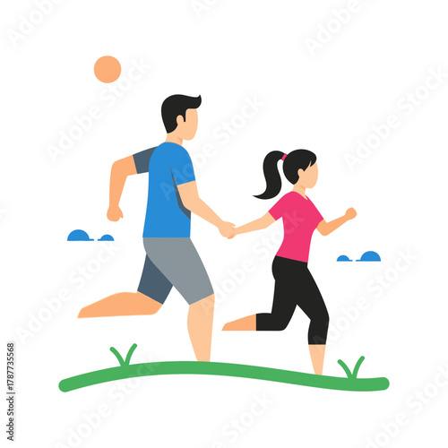 Man and woman running together outdoors under the sun holding hands.
