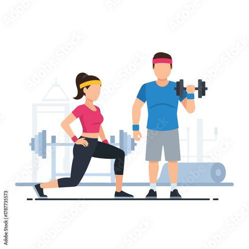 Woman doing lunges and man lifting dumbbell in a gym setting.