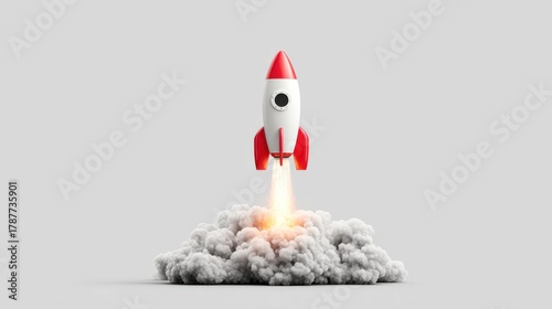 Fototapeta Naklejka Na Ścianę i Meble -  Cartoon rocket ship blasting off with smoke and flames against a gray background