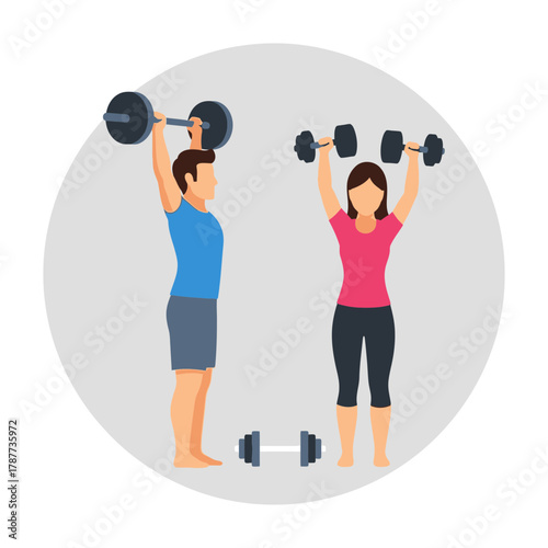 Man and woman lifting dumbbells above their heads exercising fitness training.
