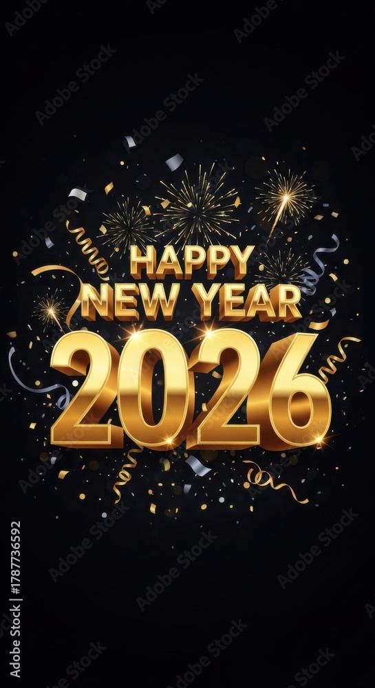 Fototapeta premium Golden 2026 New Year Celebration on a Black Background with Confetti and Sparkle
