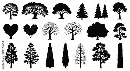 Vector art of collection of diverse tree silhouettes, showcasing various shapes and sizes for ecological and design projects