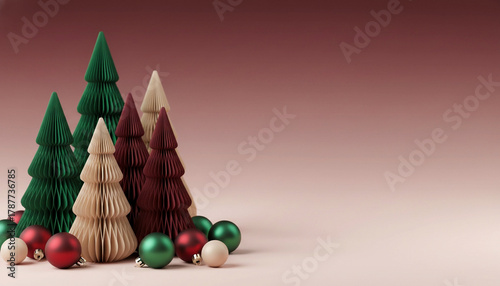 Christmas banner with decorative trees and ornaments on a minimalist background, copy space included