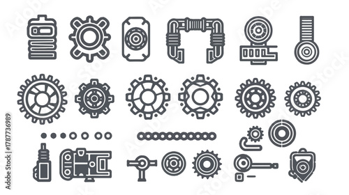 Steampunk mechanical parts gears, pipes, and gauges in a detailed line art illustration for technical designs