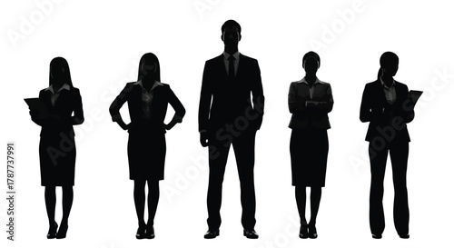 Vector art of silhouette of diverse business team standing together, including men and women in suits, symbolizing leadership, teamwork, and corporate success