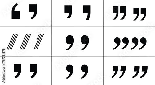 Vector art of a set of quotation mark icons in various styles, representing different ways to indicate direct speech or emphasize text