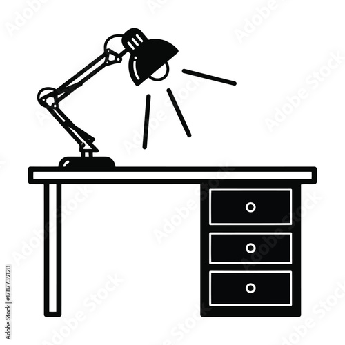 Vector art of illustration of desk lamp on table with drawers, providing light for working or studying at home or in the office