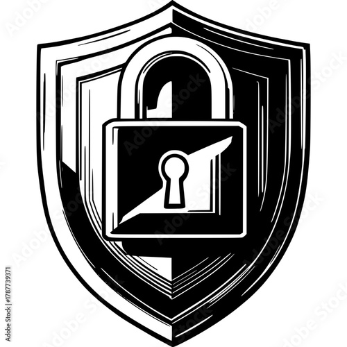 Digital Security and Protection: An illustration featuring a shield with a secure padlock. It symbolizes online protection, safeguarding data, and the importance of cybersecurity.