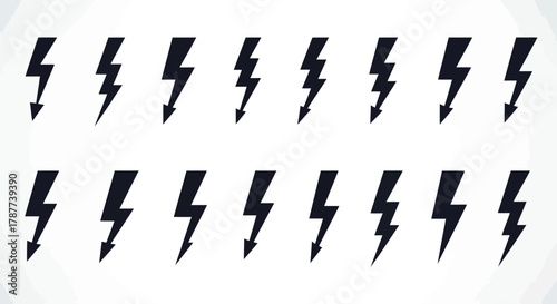 Vector art of set of black lightning bolt icons, representing power, energy, and electrical discharge in a simple and modern style
