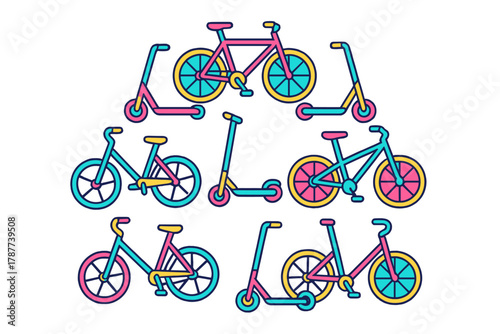 Vibrant pattern of bicycles and kick scooters for urban transit