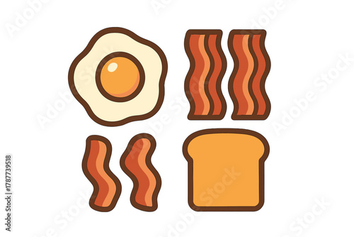Fried egg bacon and toast breakfast food icons collection