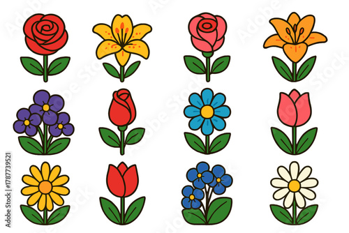 Twelve stylized colorful icons representing spring and summer flowers