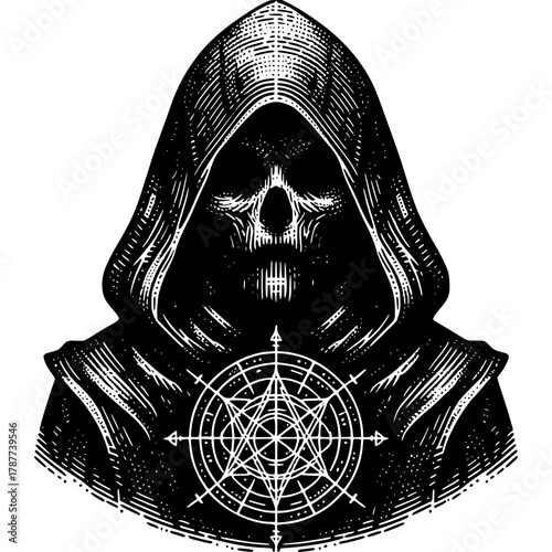 Eerie Vigilance: A hooded figure with a skeletal face, radiating an aura of mystery and foreboding, stares out with an enigmatic gaze. A detailed geometric emblem adorns their chest.