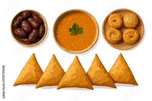 Assortment of traditional Middle Eastern or South Asian savory and sweet snacks
