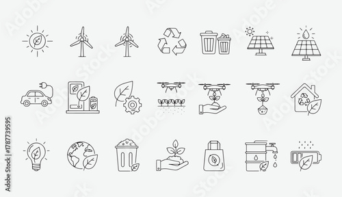 Green Energy and Ecology Line Icons Set – Sustainable Power, Renewable Resources, and Eco-Friendly Outline Vector Pack