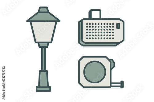 Set of street lamp speaker and measuring tape icons