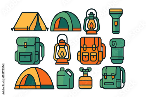 Colorful icons representing essential camping and hiking adventure gear
