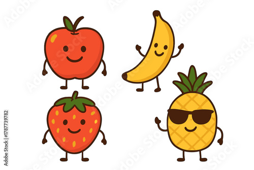 Set of happy cartoon fruit characters including banana strawberry and pineapple