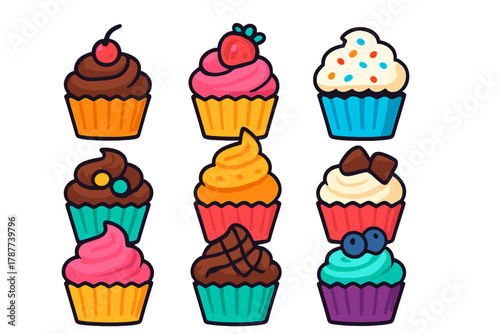Colorful cartoon cupcakes with various frosting and sweet toppings